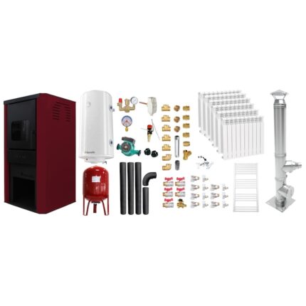 Set Termosemineu pe lemne, brichete si carbune Fornello Monza Bordeaux 27 kW, Cos Inox, Kit evacuare, Calorifere, Boiler, Vas Expansiune, Pompa si Fitinguri