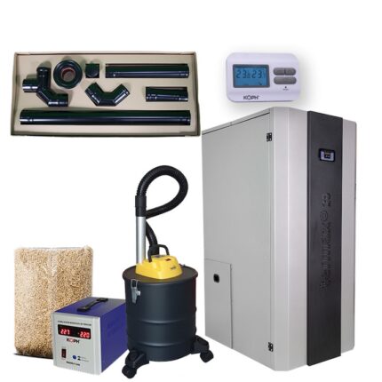 Pachet Centrala cu peleti de 25 kW, TERMAX-COMPACT + Stabilizator de monofazic de tensiune Koph Protect 1000 VA/750W + Termostat cu fir Koph T3 + Kit cos de fum Termax Ø 80 mm + Aspirator de cenusa + un sac de peleti de 15 Kg
