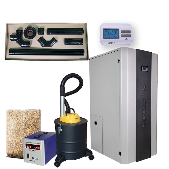 Pachet Centrala cu peleti de 25 kW, TERMAX-COMPACT + Stabilizator de monofazic de tensiune Koph Protect 1000 VA/750W + Termostat cu fir Koph T3 + Kit cos de fum Termax Ø 80 mm + Aspirator de cenusa + un sac de peleti de 15 Kg