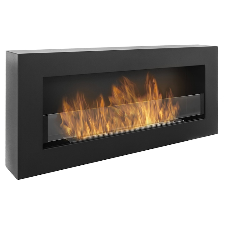 Semineu bio BOX 90cm cu biocombustibil negru cu sticla suspendat pe perete 900x400mm