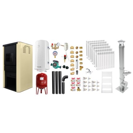 Set Termosemineu pe lemne, brichete si carbune Fornello Monza Ivory 27 kW, Cos Inox, Kit evacuare, Calorifere, Boiler, Vas Expansiune, Pompa si Fitinguri