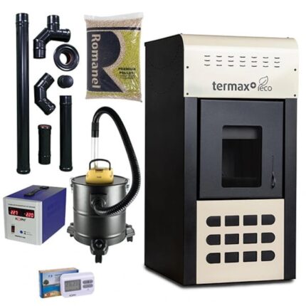 Pachet termosemineu pe peleti Termax Kamin ECO, 25 kW, cu agent termic, complet echipat, 160 mp, Crem