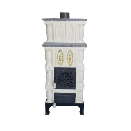 Soba teracota, Gospodarul, 4 randuri, usa sticla, trandafir galben pictat manual, alba 110 cm x 46 cm x 46 cm