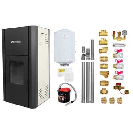 Pachet Termosemineu peleti Fornello Primo Pellet Ivory 30 kw, complet echipat pentru incalzire, pompa, vas expansiune, automatizare, kit evacuare 3.5 ml, Boiler Termoelectric Fornello 100 l, Termostat Salus, Aspirator si kit montaj