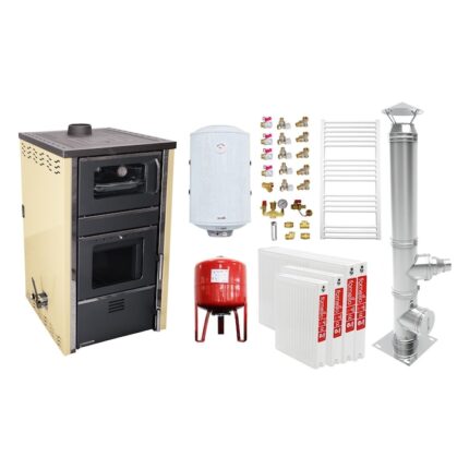 Pachet incalzire si apa calda 3 camere Termosemineu FORNELLO AVANOS 32 kw Ivory pe combustibil solid ( lemn, carbune, bricheti ), cos inox, boiler termoelectric 100l, vas expansiune, calorifere si kit montaj
