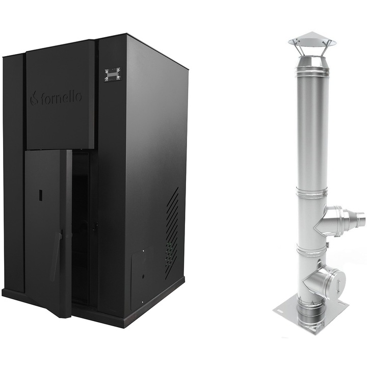 Pachet Centrala pe peleti Fornello Pellet King 35 KW, pompa, vas expansiune, tiraj fortat, buncar 80 l, si cos de fum izolat inox diametru 120 mm, inaltime 6 metri