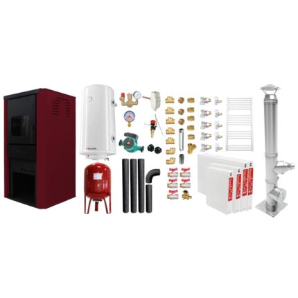 Set Termosemineu pe lemne, brichete si carbune Fornello Monza Bordeaux 27 kW, Radiatoare Otel, Cos inox, Kit evacuare interior, Boiler Termoelectric, Vas Expansiune, Pompa si Fitinguri Montaj
