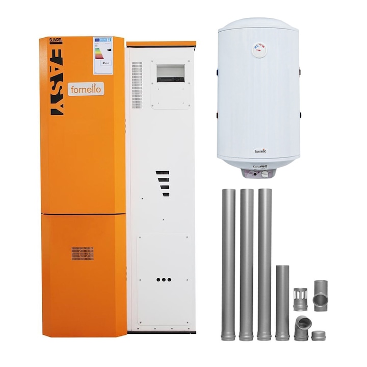 Pachet Centrala pe peleti Fornello Simpell Easy 25 kw, arzator inox, pompa de circulatie, pompa electronica Grundfos, A+, Boiler Termoelectric Fornello 100l, kit evacuare 100 mm, 3,5 metri si reductie 100 -120 mm