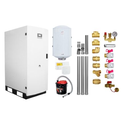 Pachet Centrala termica pe peleti Fornello GT 25 Standard, echipata cu pompa circulatie Wilo, vas expansiune, manometru, boiler fornello 100 l, kit evacuare 3.5 ml, Termostat Radio Comanda Salus 091FLRFV2 si Aspirator Cenusa, fitinguri