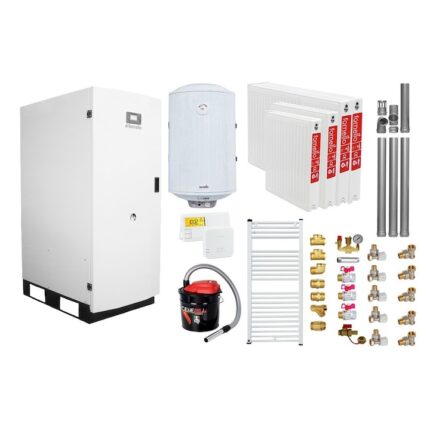 Set Centrala termica pe peleti Fornello GT 30 Standard, echipata cu pompa circulatie Wilo, vas expansiune, manometru, calorifere, boiler fornello 100 l, kit evacuare 3.5 ml, Termostat Radio Comanda Salus 091FLRFV2 si Aspirator Cenusa, fitinguri