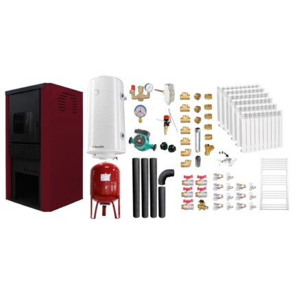 Set Termosemineu pe lemne, brichete si carbune Fornello Monza Bordeaux 27 kW, Calorifere, Boiler, Vas Expansiune, Pompa, Kit evacuare si Fitinguri