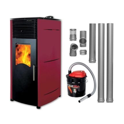 Pachet complet pentru incalzire Semineu (soba) pe peleti cu tiraj fortat Fornello Stela 10 KW, include ventilator aer cald, aprindere electrica, telecomanda, recomandat pentru 100 mp, Bordeaux, aspirator de cenusa si kit de evacuare 2,5 metri