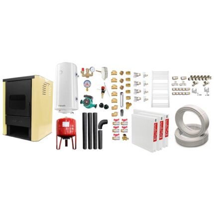 Set Termosemineu pe lemne, brichete si carbune Fornello Rimini Ivory 18 kW, Teava, Radiatoare, Boiler, Vas Expansiune, Pompa, Kit Evacuare si Fitinguri