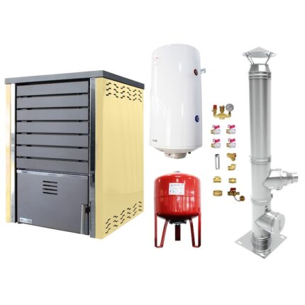 Set Centrala pe lemne FORNELLO SAUNA CREAM 30 kw echipata cu pompa de circulare, cos inox, boiler termoelectric 100l, vas expansiune si kit montaj