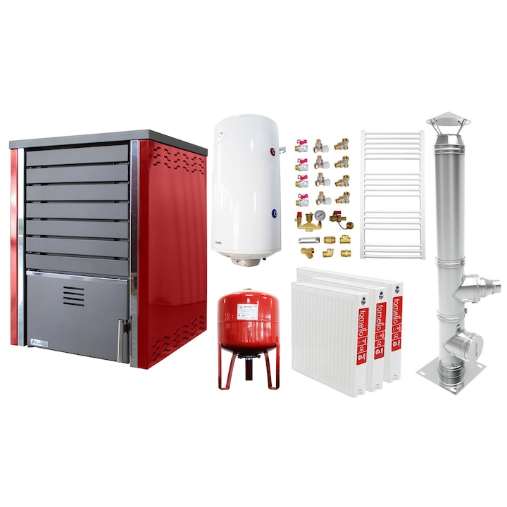 Pachet 2 camere Centrala pe lemne Fornello Sauna 30 kw echipata cu pompa de circulare, cos inox, boiler termoelectric 100l, vas expansiune si kit montaj