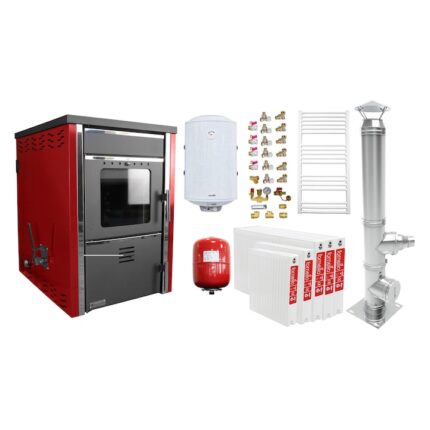 Pachet incalzire si apa calda 4 camere Termosemineu pe lemne FORNELLO TOROS 29 kw Bordeaux pe combustibil solid ( lemn, carbune, bricheti ), cos inox, boiler termoelectric 100l, vas expansiune, calorifere si kit montaj
