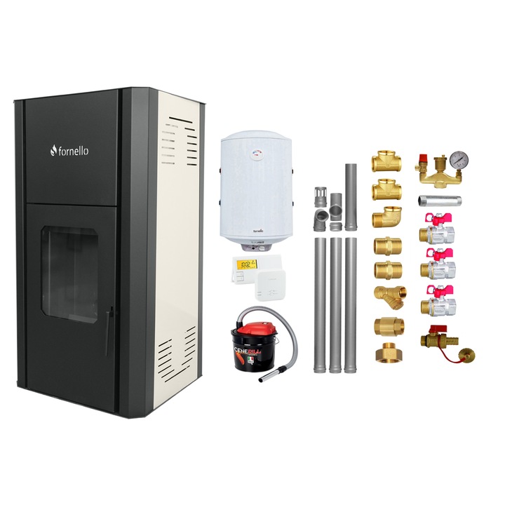 Pachet Termosemineu peleti Fornello Primo Pellet 25 kw, complet echipat pentru incalzire, pompa circulatie, vas expansiune, automatizare, kit evacuare 3.5 ml, Boiler Termoelectric Fornello 100 l, Termostat Salus 091FLRFV2, Aspirator si kit montaj