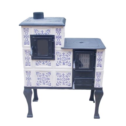 Soba teracota pentru gatit, IZA, portabila, model Transilvania, 6 kw, 88x44x114 cm, alb/albastru