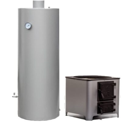 Ansamblu boiler cazan de tabla de otel 90 litri si focar cu usa de fonta, doua surse, lemne si electric