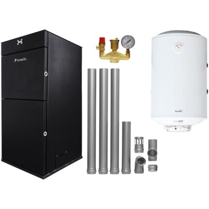 Pachet incalzire si apa calda Centrala Fornello Pellet King 25 kw, pompa, vas expansiune , telecomanda, buncar 70 kg, tiraj fortat, pentru suprafata de 160 mp si boiler termoelectric Fornello 100 litri si kit de evacuare 3.5 metri, grup siguranta
