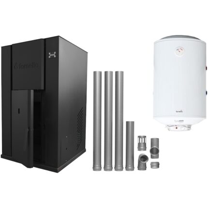 Pachet incalzire si apa calda Centrala pe peleti Fornello Pellet King 35 KW, pompa, vas , tiraj fortat, buncar 80 l, telecomanda, recomandat pentru 250 mp, kit de evacuare DN 100 3,5 metri, boiler termoelectric Fornello Titanium Plus 100 litri
