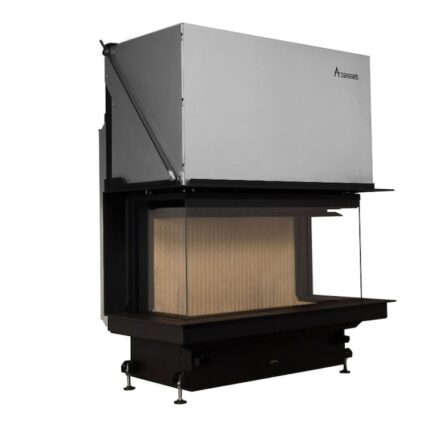 Focar semineu pe lemne / brichete model A-CAMINETTI CRYSTAL 110 PREMIUM, dimensiuni: 1442 (h) x 722 x 1213 mm, 3 laturi sticla, usa relevabila, 13 kW putere maxima, incorporabil, randament 80%, Iesire de fum: Ø200 mm