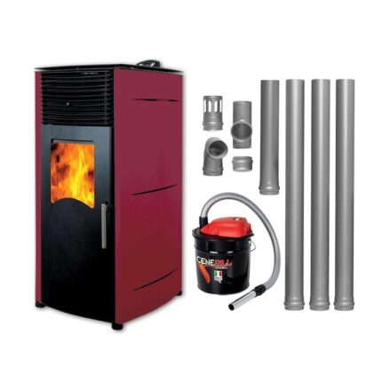 Pachet complet pentru incalzire Semineu (soba) pe peleti cu tiraj fortat Fornello Stela 10 KW, include ventilator aer cald, aprindere electrica, telecomanda, recomandat pentru 100 mp, Bordeaux, aspirator de cenusa si kit de evacuare 3,5 metri