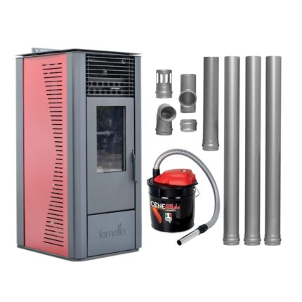 Semineu soba pe peleti cu tiraj fortat Fornello Sophia Premium 11 kw, aprindere electrica, telecomanda, culoare Bordeaux, recomandat pentru 110 mp, focar din fonta, capacitate buncar 22 kg, Kit Evacuare 3.5 ml si Aspirator cenusa