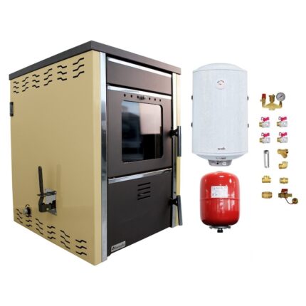 Pachet Termosemineu pe lemne FORNELLO TOROS 29 kw Ivory pe combustibil solid ( lemn, carbune, bricheti ), boiler termoelectric 100l, vas expansiune si kit montaj