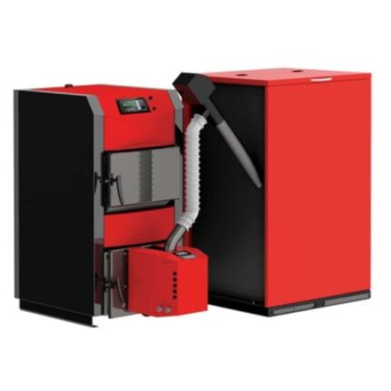 Pachet cazan pe lemne Burnit Active 40 kw cu ventilator si aer insuflat, arzator peleti 35 KW si bunker peleti 500 litri