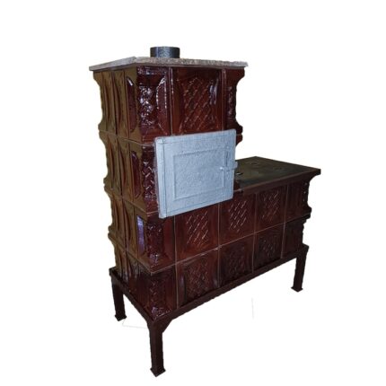 Soba teracota mobila, Gospodarul, 4 randuri, alimentare pe lung, cuptor stanga, plita mijlocie, maro, 120 cm x 101 cm x 46 cm