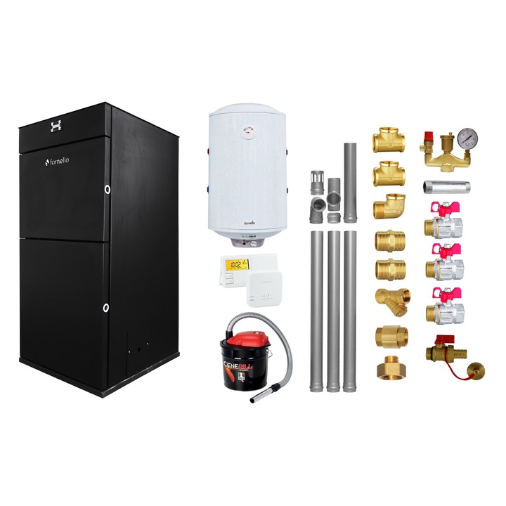 Pachet Centrala peleti Fornello Pellet King 25 kw, complet echipata pentru incalzire, pompa circulatie, vas expansiune, automatizare, kit evacuare 3.5 ml, Boiler Termoelectric Fornello 100 l, Termostat Salus 091FLRFV2, Aspirator si kit montaj