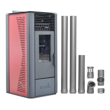 Pachet Semineu soba pe peleti cu tiraj fortat Fornello Sophia Premium 11 kw, aprindere electrica, telecomanda, culoare Bordeaux, recomandat pentru 110 mp, focar din fonta, capacitate buncar 22 kg, Kit Evacuare 2.5 ml