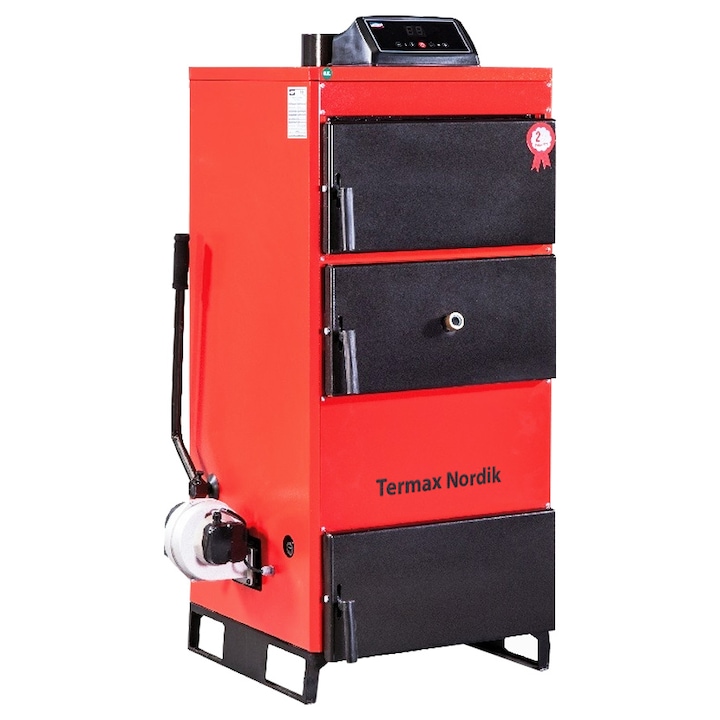 Cazan pe lemn/carbune Termax Nordik 70 kW cu ventilator si automatizare, Ø cos fum 180 mm, volum manta apa 130 litri, 3 bar, 1480 x 910 x 625 mm