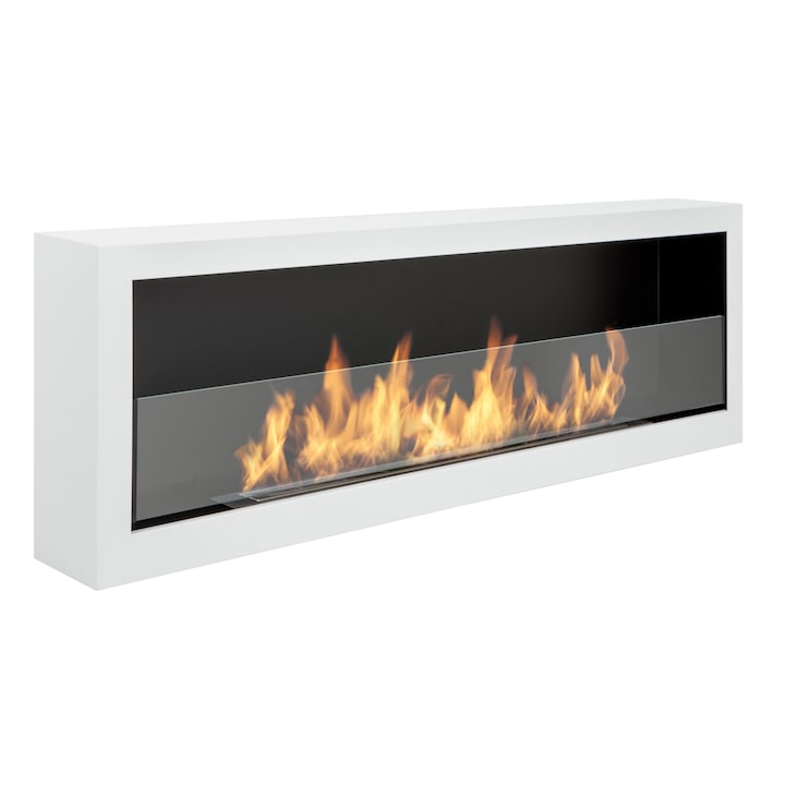 Semineu bio S-Line BOX 120cm cu biocombustibil alb cu sticla suspendat pe perete