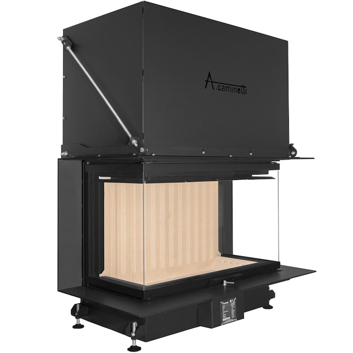 Focar semineu pe lemne model A-CAMINETTI CRYSTAL 90 MAX cu 3 laturi din sticla si usa relevabila, 14 kW putere nominala
