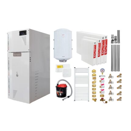 Pachet Centrala termica pe peleti Fornello Rossi Camino Compact 25 kw, pompa de circulatie, vas expansiune, tiraj fortat, Ecodesign, A+, Kit evacuare 3.5 ml, Boiler Termoelectric Fornello 100 l, Termostat Salus, Aspirator, Radiatoare si Kit montaj