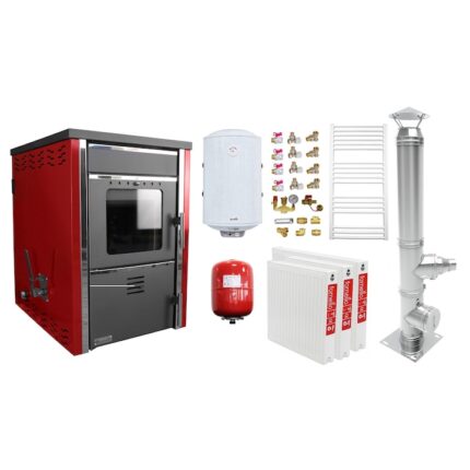 Pachet incalzire si apa calda 2 camere Termosemineu pe lemne FORNELLO TOROS 29 kw Bordeaux pe combustibil solid ( lemn, carbune, bricheti ), cos inox, boiler termoelectric 100l, vas expansiune, calorifere si kit montaj
