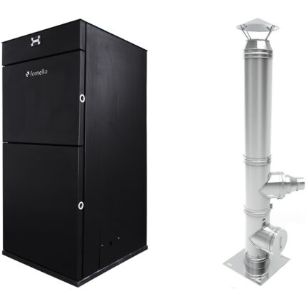 Pachet Centrala Fornello Pellet King 25 kw, complet echipata pentru incalzire, pompa circulatie, vas expansiune, automatizare , telecomanda, buncar peleti 70 kg, tiraj fortat, culoare neagra , aprindere automata si cos de fum Inox 5 metri dn 120 mm
