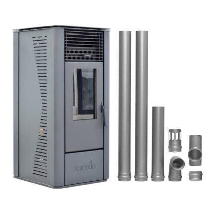 Pachet Semineu soba pe peleti cu aer cald, Fornello Sophia Premium 11 kw, aprindere electrica, tiraj fortat, telecomanda, culoare Black, recomandat pentru 110 mp, focar din fonta, capacitate buncar 22 kg, Kit evacuare 2.5 ml