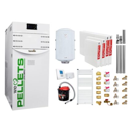 Pachet Centrala termica pe peleti Fornello Lidya Compact 25 kw, pompa Grundfos, arzator inox, curatare mecanica arzator si schimbator, A+, Kit evacuare 3.5 ml, Boiler Fornello 100 l, Termostat Salus T105 RF, Aspirator, Radiatoare si Kit montaj
