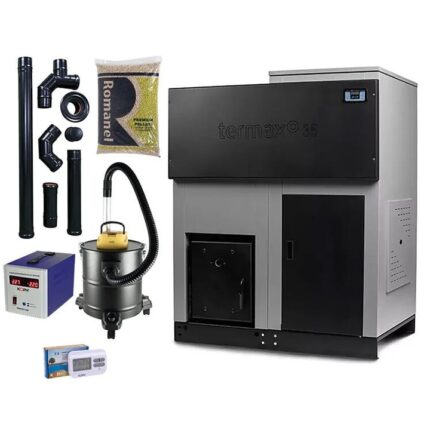 Pachet centrala cu peleti Termax ECO GRI 35 kW, Aspirator pentru cenusa, Stabilizator Tensiune, Termostat Ambiental, Cos Fum Interior, Sac Peleti