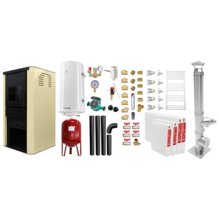 Set Termosemineu pe lemne, brichete si carbune Fornello Monza Ivory 27 kW, Radiatoare, Cos inox, Kit evacuare interior, Boiler, Vas Expansiune, Pompa si Fitinguri