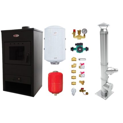 Pachet Termosemineu pe lemne, brichete si carbune Fornello B2E, 14 kW, 46x45x91 cm, cos inox, boiler termoelectric 80l, vas expansiune, pompa circulatie si kit montaj