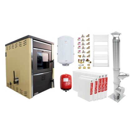 Pachet incalzire si apa calda 4 camere Termosemineu pe lemne FORNELLO TOROS 29 kw Ivory pe combustibil solid ( lemn, carbune, bricheti ), cos inox, boiler termoelectric 100l, vas expansiune, calorifere si kit montaj