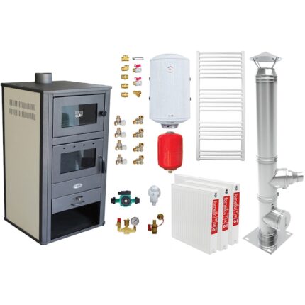 Pachet incalzire si apa calda pentru 2 camere, Termosemineu pe lemne, brichete si carbune Fornello BRM E, 24 KW, cuptor, Ivory, 450x490x1030 mm, cos inox, boiler termoelectric 100l, vas expansiune, pompa circulatie, calorifere si kit montaj