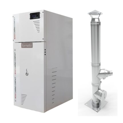 Pachet Centrala termica compacta pe peleti Fornello Rossi Camino Compact 25 kw, pompa de circulatie, vas expansiune, tiraj fortat, Ecodesign, A+, Cos inox 6 ml 120 mm