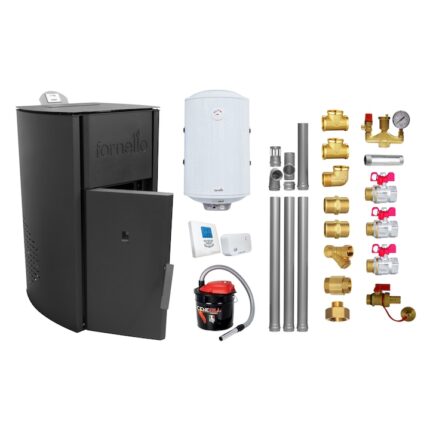 Pachet Centrala peleti Fornello Royal B 25 kw, complet echipata pentru incalzire, pompa circulatie, vas expansiune, automatizare, kit evacuare 3.5 ml, Boiler Termoelectric Fornello 100 l, Termostat Salus T105 RF, Aspirator si kit montaj