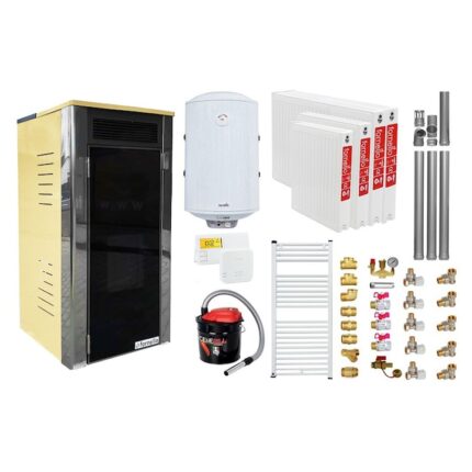Termosemineu Fornello Primo Truva 25 kW Ivory, pompa de circulatie, vas de expansiune, supape de siguranta, curatare mecanica creuzet, Inclus si Calorifere, Boiler 100 l, kit evacuare 3.5 ml, Termostat , Aspirator Cenusa si fitinguri