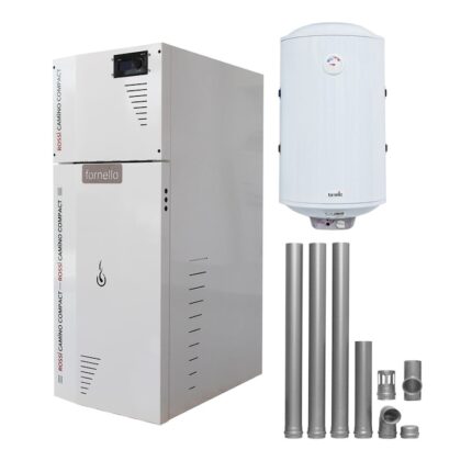 Pachet Centrala termica compacta pe peleti Fornello Rossi Camino Compact 25 kw, pompa de circulatie, vas expansiune, tiraj fortat, Ecodesign, A+, Boiler Termoelectric Fornello 100l si kit evacuare 80 mm, 3,5 metri